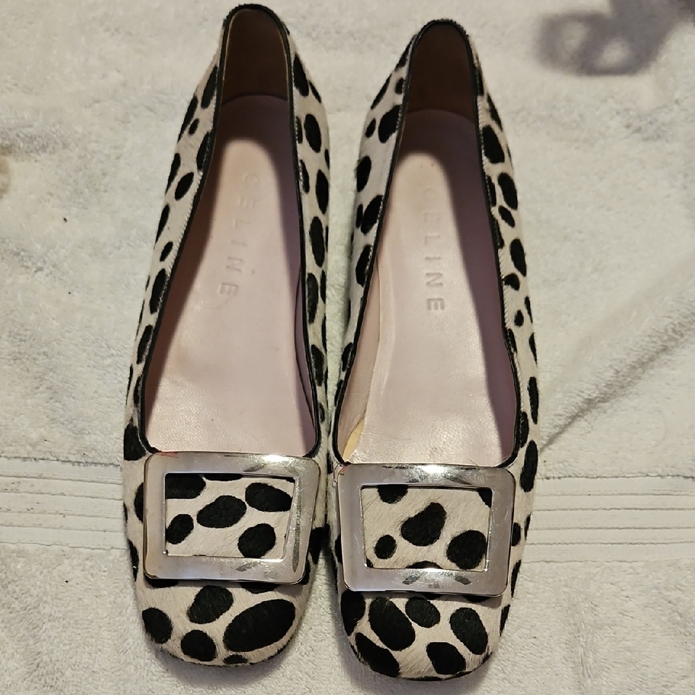 Celine Black & White Leopard-Print Leather Square-Toe Flats with Silver Buckle